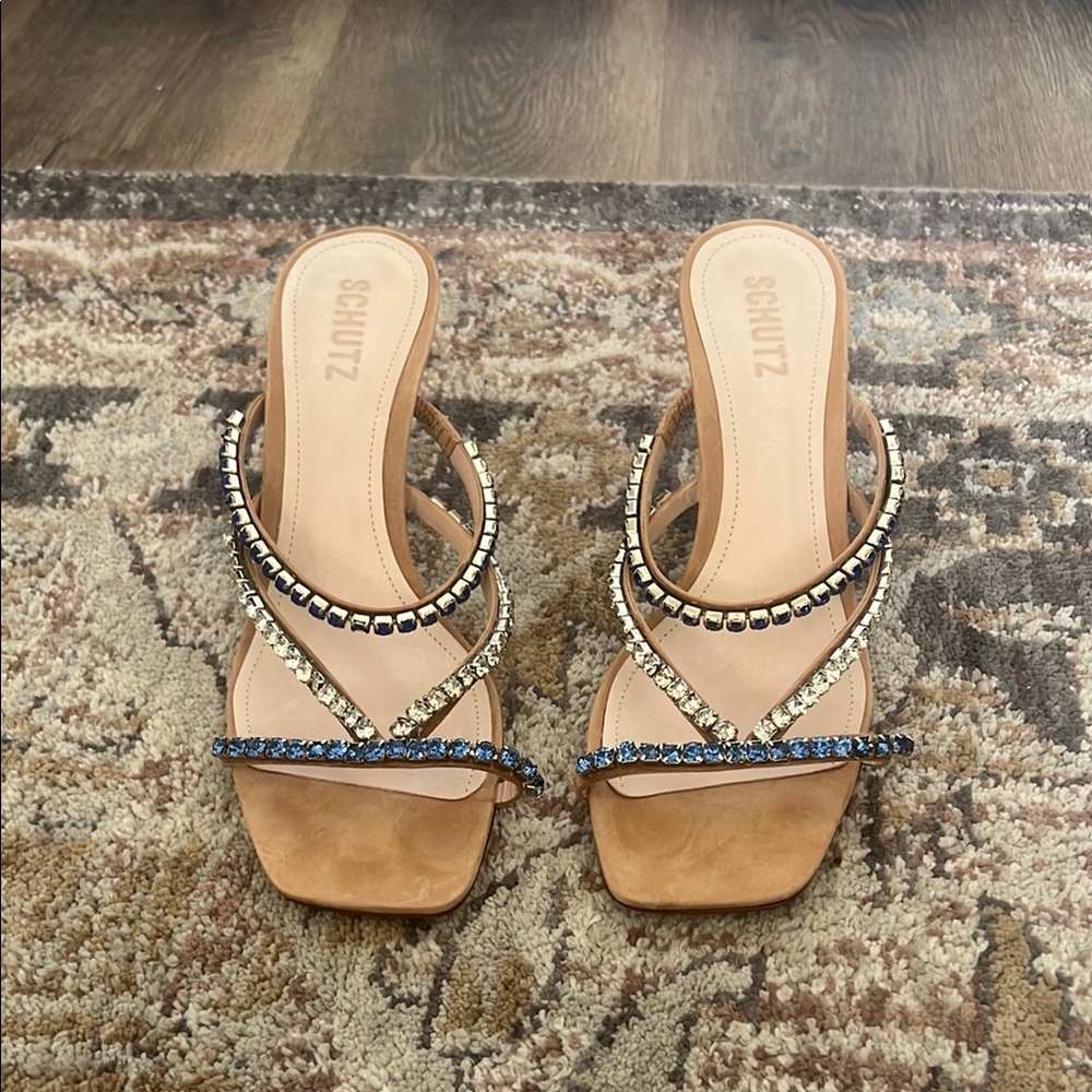Schutz Women's Tan and Blue Embellished Sandals 9.5